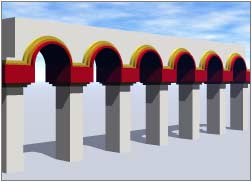 Render; Aqueduct, white pillars and colored arches and decorative elements