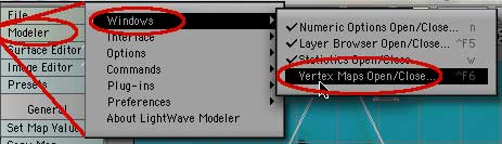 Go to Modeler > Windows > Vertex Maps Open/Close.