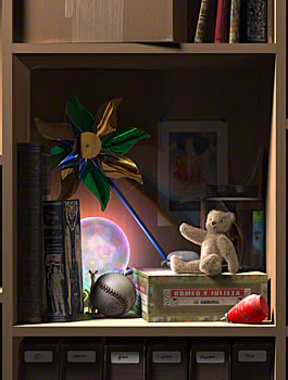 dusty shelf full of old toys, with a magic ball glowing softly at the back