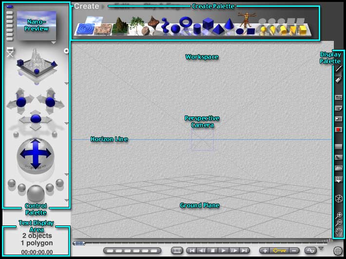 Bryce 5 Interface Image, all parts labeled