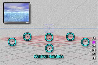 The Nano-Preview of a rendered water plane, inset into a wireframe view showing the water plane Control Handles