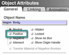 Making the wagon body a Positive Boolean Object, on the General tab of the Object Attributes dialog
