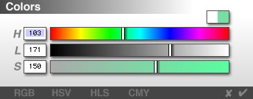 The Advanced Color Picker, set to Hue 103, Lightness 171, and Saturation 150 for a light sea green color