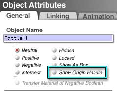The Object Attributes dialog, with the Show Origin Handle toggle on the General tab highlighted