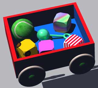 Test render, with the tennis ball in the wagon with the other things.