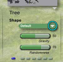 The Shape portion of the Tree Lab, in the bottom center, showing the Preset flippy (circled), the Gravity Slider, and the Randomness slider