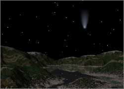 Seven Mountain night scene. There's a comet with a tail pointing straight up