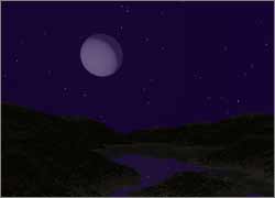Purple night scene, with a dim, unmarked white moon
