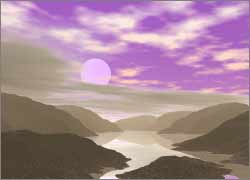 Purple sky, purple sun, brown mountains