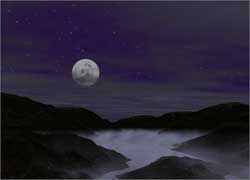A night scene on Earth, with a white Moon hanging low in a purple sky