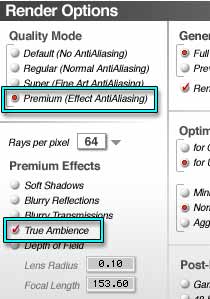 The Render Options dialog, with Premium and True Ambience highlighted and enabled