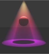 The Thumbnail again. This time, with the volumetric light showing the gradient, which starts with yellow at the top of the cone, goes through red, and ends with magenta where it meets the floor. The light on the sphere is yellow at the top, fading to red. The light on the floor is magenta.