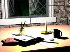 Render of a scene; books, a mug, and some other stuff, on a table, all washed out by a light we can't see, somewhere above the table.