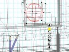 Wireframe of the scene. The light is a red sphere, that is being resized.