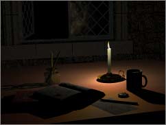 Same scene, but the light has moved to the candle, where it's being almost completely hidden by the flame mesh. The scene is quite dark, except for a small pool of light around the base of the candlestick.