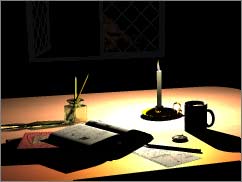 Same scene. The wall is almost completely dark, the things on the table are quite brightly lit, but it still looks like it's the candle doing the lighting.