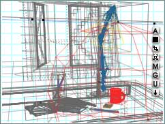 Wireframe view of the table, with the mug highlighted in red, and the new radial light, also red, centered on it.