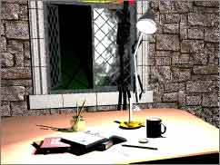 Render of the scene. The wall is brightly lit, and the things on the table are washed out.