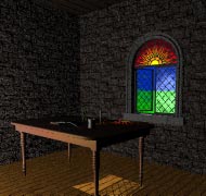 Scene with the table, a window with a stained glass transom, and green ground and blue sky outside the window. There is a spill of light on the floor.