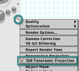 The Render Options menu, last flippy on the Control Palette, with 360 Panoramic Projection highlighted.