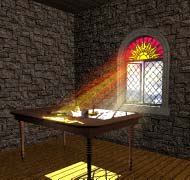 Same scene, but with a darker room, and sunlight streaming through the window, picking up the colors of the stained glass. Very pretty.
