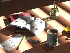 Close up render of objects on the table, with the light from Gonorta's Venetian Blinds shining on them.