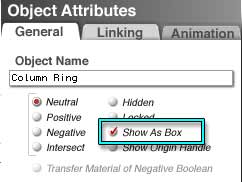 Object Attributes Dialog, showing the Group name, with Show as Box highlighted and enabled.