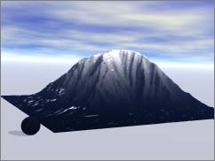 Ball and Mountain. The ball is on the ground. It is black, and the mountain is  black at the bottom, fading to white at the very top