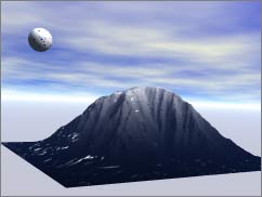 Ball higher than the mountain. It's white, and the mountain is about 1/3 black, fading to gray near the top.