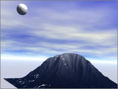 Ball much higher than the mountain, it's white, but the mountain is mostly black, only fading to dark gray near the top.