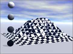 Render of a black and white checkerboard mountain. The former balls are floating at the left, from black on the bottom to white on the top.