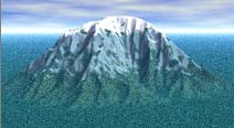 Render of a mountain, with white snow on top, green grass on the bottom, and a large blended area (kind of blue green) in the middle.