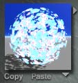 The preview from the Material lab, showing a sphere filled with white and cyan dots