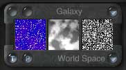 The Galaxy Texture, showing dots on blue in the Color channel, big blobs in the Alpha channel, and grainy noise in the Bump channel.