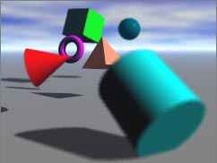 Render of 6 scattered objects; the one in the middle is sharp and clear, the rest are progressivly blurry according to their distance from that one