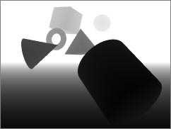 Grayscale render. The closer the object, the darker it is. Distant objects are almost white, with the ground plane fading from black where it's close to white in the distance.