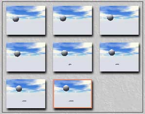A Storyboard view of the ball moving; 8 thumbnails, with slightly different views