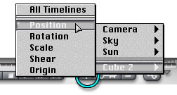 The Keyframe menus; setting Cube 2 > Position