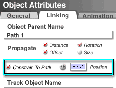 Object Attributes, Linking Tab. Constrain to Path is enabled, and the Position is set to 83.1