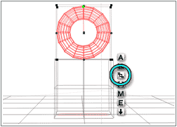 A torus on a cube, in wireframe, torus selected, and the Linking button in the Icon Column circled