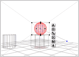 Wireframe, a sphere on a box, with a cylinder to the left