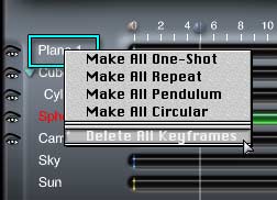 Plane 1 (the ground plane) with its options, Delete All Keyframes is highlighted