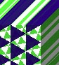 Blue Triangles, on a background of offset green and white triangles