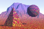 Render, the ground shows the fractal, the pyramid and ball are blended, the mountain is blended from bottom to top, with square at the peaks