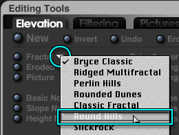 Terrain Editor; Editing Tools Elevation, Round Hills selected from Fractal menu