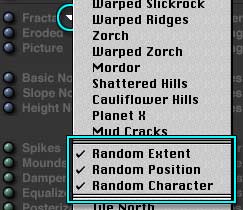 Terrain Editor, Fractal menu; Random Extent, Position, and Character circled