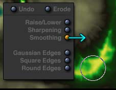 Terrain Editing Tools, Smoothing button orange, with arrow pointing right; stream is yellow in the middle