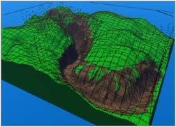 Combo Render, showing negative boolean stream bed (brown) cutting into positive boolean terrain (green)