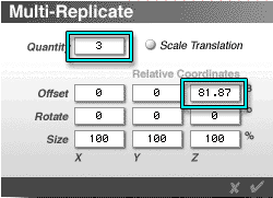 Multi-Replicate dialog, Quantity set to 3, Offset Z to 81.87 B