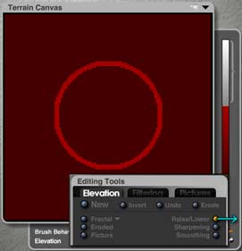 Terrain Editor, Elevation, dragging on Raise/Lower button, top right of first section. Terrain shows red ring on dark red ground